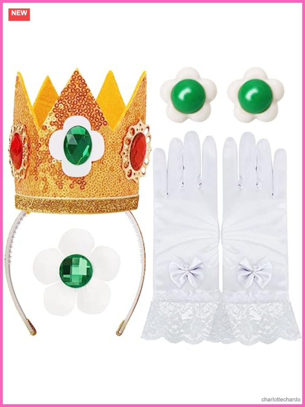 4 Pc Princess Costume Accessory Set Tiara Crown Gloves Brooch Earrings